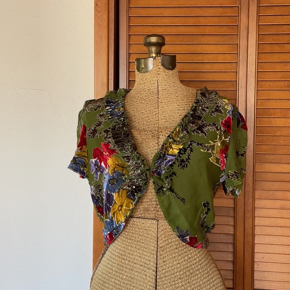 JALOUX | Green & Brown Silk Velvet Floral Short Sleeve Shrug | M - Picture 4 of 17